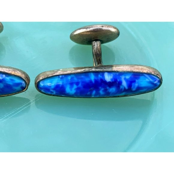 Antique Gold Filled Cufflinks Blue white Lapis style Glass - Picture 7 of 9